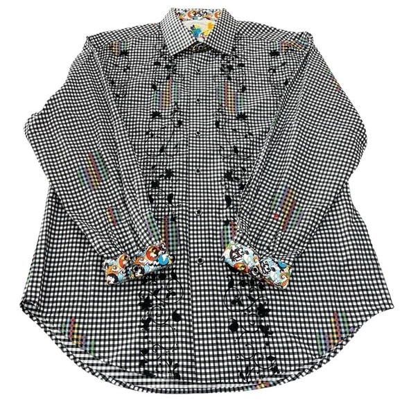 Robert Graham Flip Cuff Rainbow Gingham Plaid Check Embroidered Button Down XL - Picture 3 of 14